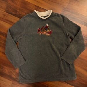 Croft‎ & Barrow Mock Neck Fleece Pullover Birdhouse Cardinal Embroidered Top L